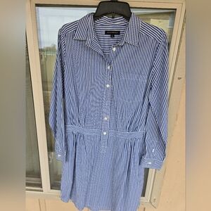 Banana Republic Blue and White Striped Long-Sleeve Cotton Shirt Dress